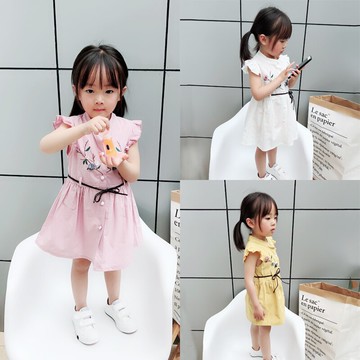 女童夏季新品休閑飛袖系帶蝴蝶結背心裙 女寶花朵連衣裙童裙1入