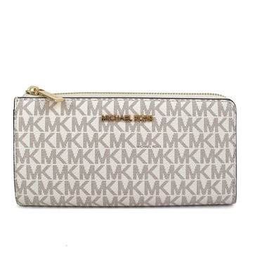 MICHAEL KORS Jet Set Travel 金字Logo防刮滿版L型拉鍊長夾(香草白棕)