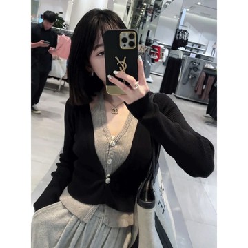 韓係修身上衣 毛衣 針織衫 打底衫 韓係獨特別緻假兩件拚接毛衣短款春秋內搭修身針織打底衫 大尺碼服飾 平價女裝 韓版女裝