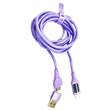 PICKOGEN 皮克全 二合一 雙Type-C/USB-A TO Type-C PD充電傳輸線 VAW數顯 1.8M  紫色  1條
