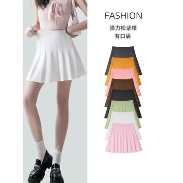 白色百褶裙帶口袋夏小個子松緊高腰彈力短裙女胖mm大碼顯瘦半身裙