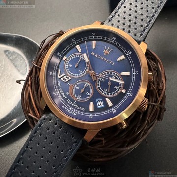 [星晴錶業]MASERATI手錶,44mm,R8871134003寶藍色錶面玫瑰金錶殼寶藍真皮皮革錶帶款