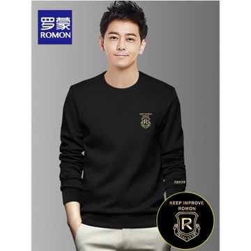 羅蒙圓領衛衣男士秋冬季加絨加厚保暖套頭長袖T恤上衣服外套黑色