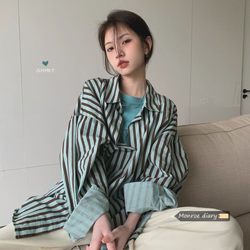 復古條紋設計感長袖防曬襯衫女寬松襯衣外套中長款春夏小眾上衣潮