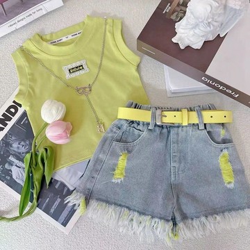 Mini baby🌷女童夏季背心套裝女寶百搭破洞牛仔短褲兒童夏裝