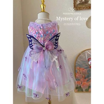 女童連衣裙夏季新款小女孩洋氣蝴蝶翅膀六一兒童演出服亮片公主裙
