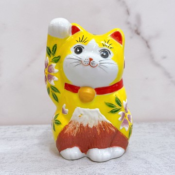 【黃櫻富緣】日本九谷燒招財貓 | 黃地紫富士櫻花 - 3.8號