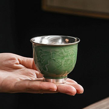 影雕鎏銀茶杯999銀手工陶瓷單杯子品茗杯茶盞送禮龍鳳鑲銀主人杯