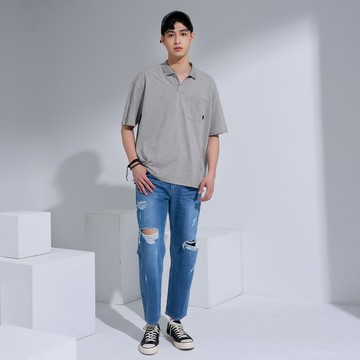精緻刺繡率性POLO衫(麻灰)-男