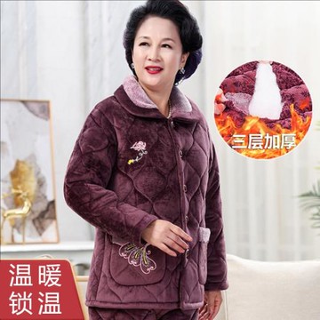 冬季中老年珊瑚絨睡衣女媽媽夾棉加厚加絨保暖老人奶奶婆婆家居服