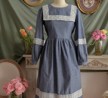 【手工製作】法式復古 海軍領蕾絲藍色輕LO少女連衣裙