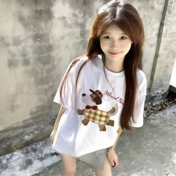 短袖 上衣 T恤 寬鬆T恤 修身上衣 新款美式毛絨狗印花短袖t恤女夏季潮牌寬鬆休閒小個子上衣ins