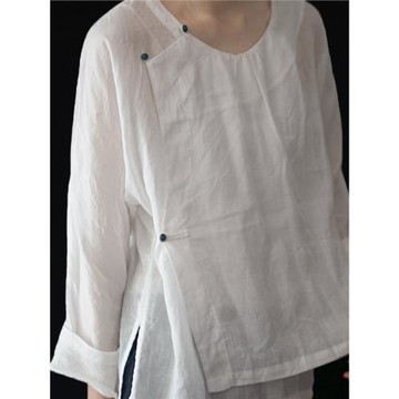 一言棉麻春夏新品復古文藝斜襟苧麻不規則珠扣襯衫輕中式禪意上衣