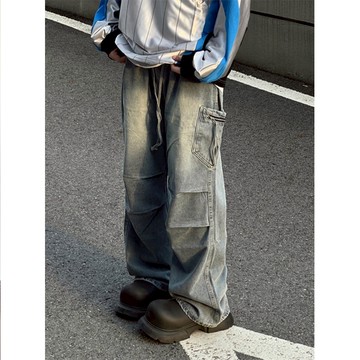 男牛仔長褲 闊腿 直筒 牛仔褲 黑藍兩色褲子男 韓版潮流直筒闊腿 牛仔褲 春季薄款百搭休閑長褲 寬鬆百搭牛仔褲