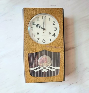 極美 富士山貼花 美麗木紋 日本30日 木箱發條報時 古董時鐘