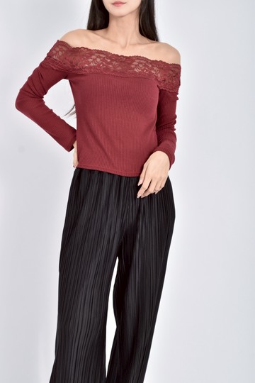 (S) h m一字領酒紅色長袖上衣