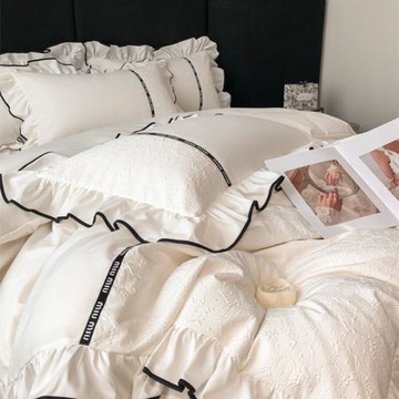 法式少女感白色親膚花邊款四件套高級被套加厚磨毛床單奶油公主風