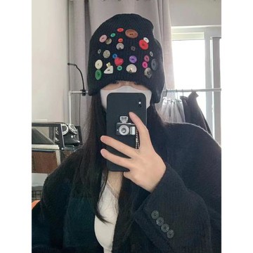 韓版設計師款五彩紐扣毛線帽子女秋冬季潮流街頭保暖針織個性冷帽