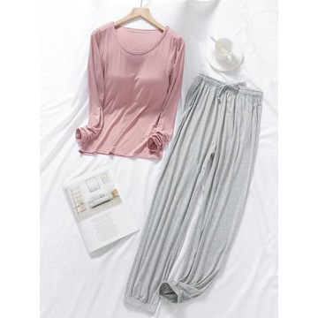 莫代爾帶胸墊睡衣女春秋長袖長褲兩件套裝寬松大碼家居服夏季外穿