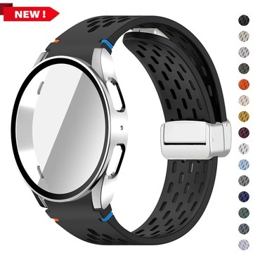SAMSUNG 外殼+錶帶適用於三星 Galaxy Watch 7 6 5 4 40/44 毫米矽膠磁帶鋼化玻璃屏幕貼膜
