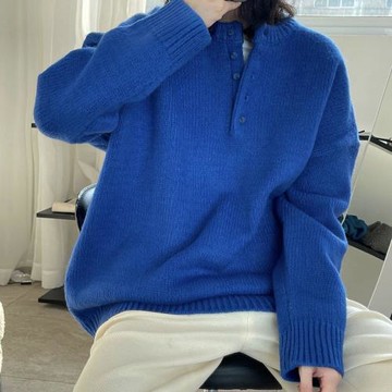 克萊因藍毛衣女2025秋季新款設計感小眾寬松慵懶風針織衫外穿上衣