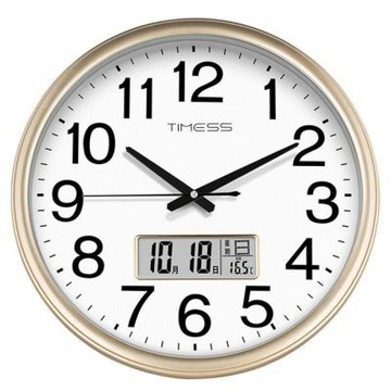 靜音掛鐘 33cm 內建 LCD 顯示 電子鐘 日曆 溫濕度 壁鐘 大數字壁掛鐘 臥室客廳辦公室圓形時鐘 石英鐘