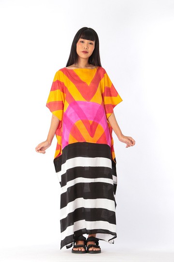 Hand Painted Cotton Silk Kaftan for Summer Resort Vacation F