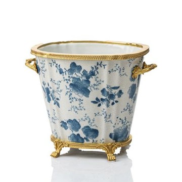 歐式美式中式復古擺件 陶瓷配銅花盆花藝花器花瓶客廳工藝品擺設
