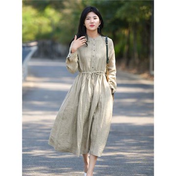 十五家棉麻2025砂洗亞麻色織輕柔文藝復古長袖連衣裙系帶顯瘦H