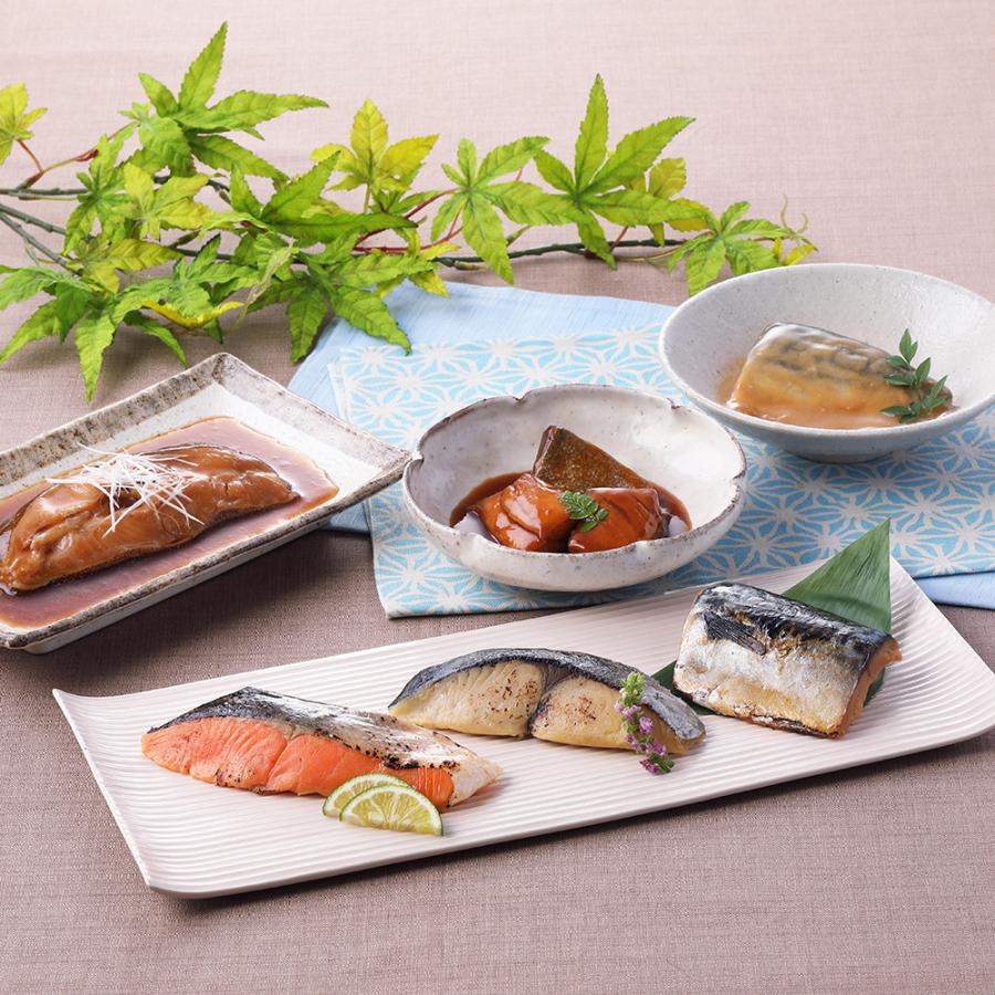 東京　鰈の煮付け70g×1　「なだ万」　各60g×各1　LINEショッピング　料亭の焼魚・煮魚詰め合せ　鰤の照り煮　鯖西京焼　鰆西京焼　銀鮭西京焼　鯖の味噌煮