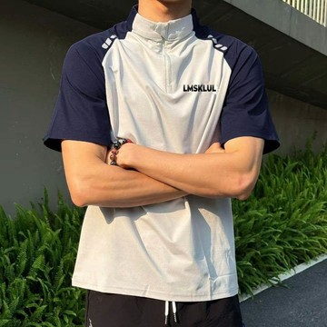 美式半拉鍊立領短袖男款2025夏季運動插肩t恤跑步健身彈力訓練服舒適 涼感 超彈性 男生 涼感衣 短袖