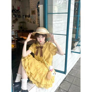 (免運)黃色波點夏季連衣裙女2025新款小個子娃娃領夏日甜美可愛寬松裙子