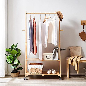 hoi! 林氏木業北歐經典實木雙層滾輪衣帽架 LS176-原木色 (H014304371)