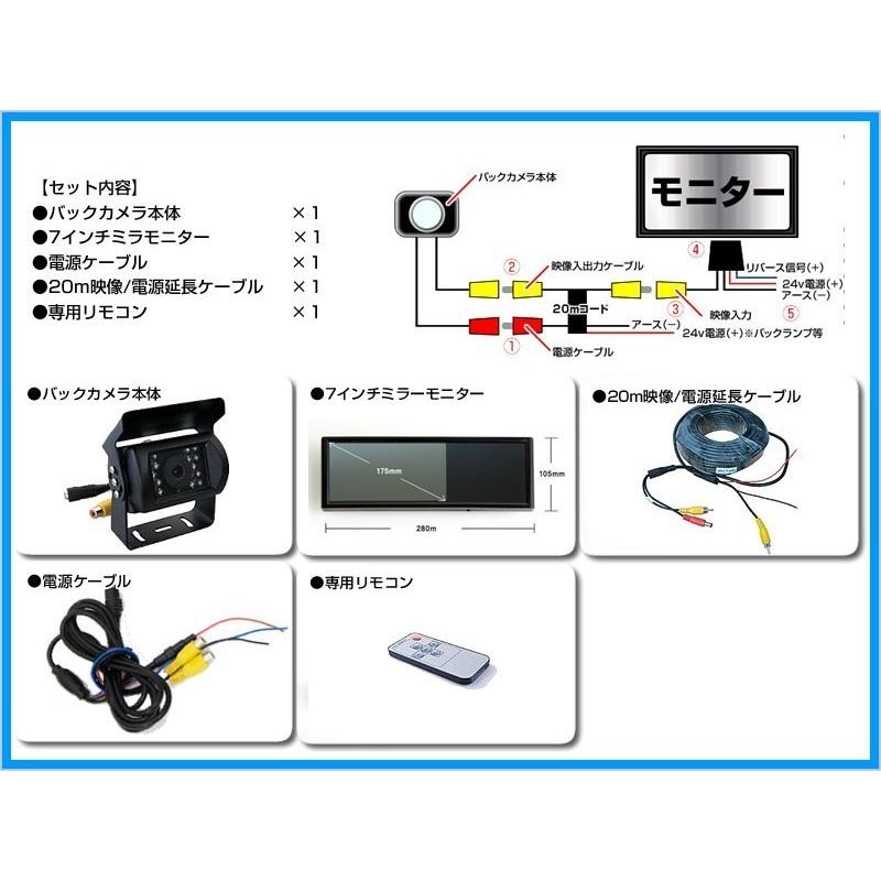 農業用トレーラー バックカメラ 12V/24V + 7インチ ミラーモニター