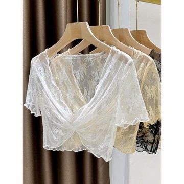 網紗防曬披肩女夏吊帶連衣裙外搭罩衫短款仙氣打底紗衣蕾絲上衣薄
