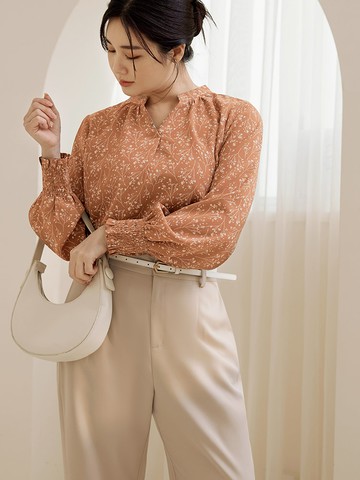 小V領碎花拋袖上衣