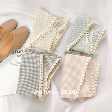 韓國小清新蕾絲拼接格子小菱形巾女百搭圍巾薄款時尚小領巾裝飾