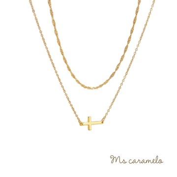送禮物[現貨商品]【焦糖小姐 Ms caramelo】不鏽鋼十字架 個性雙鍊項鍊