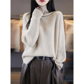 秋冬新款高領加厚山羊絨針織衫女慵懶手繡毛衣寬松洋氣打底上衣