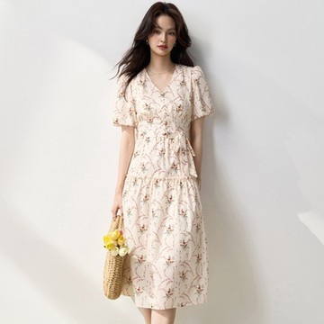 [巴黎精品] 連身裙短袖洋裝-純棉印花繫帶收腰女裙子v1bn31