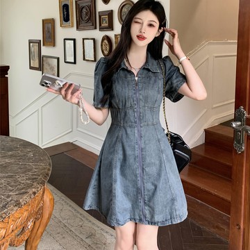 L-4XL 韓系復古氣質收腰顯瘦拉鏈短款牛仔連身裙 大尺碼洋裝 丹寧洋裝 顯瘦洋裝 小眾設計感 短款洋裝 高級感 通勤