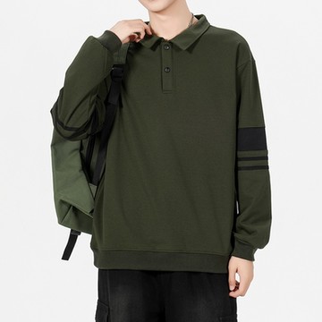 [米蘭精品] T恤長袖上衣-百搭翻領手臂條紋拼色男裝3色74it84