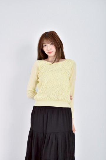(M) proportion質感棉質雕花蕾絲針織黃色長袖上衣