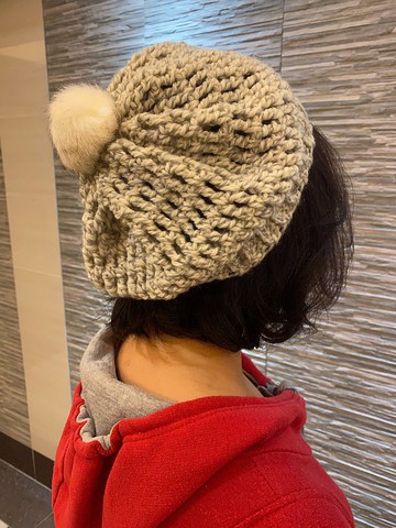 純手工編織毛帽 - 貝蕾帽 毛球可拆 僅此一頂 白灰花