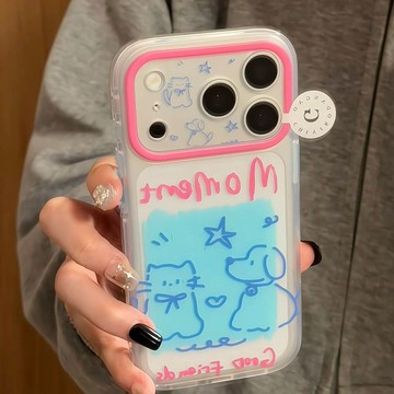 Ins 粉系英文塗鴉小狗貓咪手機殼 童趣少女心全包防摔 適用 iPhone18、17Pro、16、15 蘋果手機套
