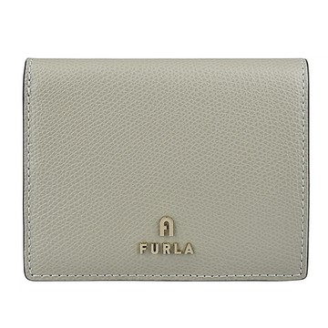 FURLA CAMELIA拱門金色金屬LOGO荔枝紋皮革對折扣式短夾(灰)