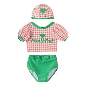 愛北鼻 夏季兒童兩件式泳裝 愛心格紋-上衣+泳褲+泳帽  L/120  格子 橘色  1入