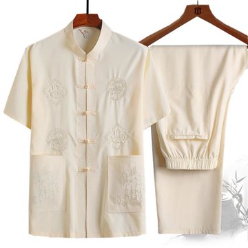 唐裝男爸爸夏裝短袖套裝中老年人男裝爺爺中式盤扣漢服男大碼襯衫