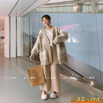【初秋顯瘦穿搭】大尺碼秋冬韓版胖MM中長款寬鬆加厚慵懶風格子針織衫小外套女毛衣外套大尺碼針織外套 VK3