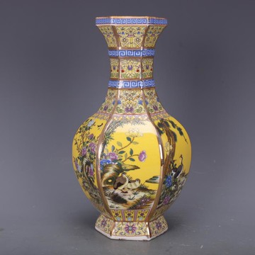 清乾隆黃地琺瑯彩小號花鳥六方賞瓶仿古工藝瓷器家居中式擺件古董1入